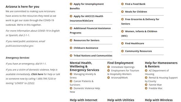 Screenshot of the resources on Arizona Together